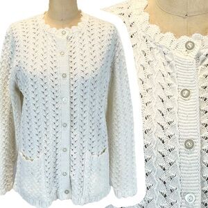 VINTAGE Classic knit sweater cardigan open hole crochet button front cottagecore